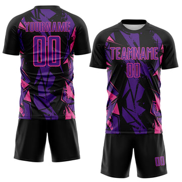 Custom Black Purple-Pink Geometric Shard Grunge Splash Sublimation Soccer Uniform Jersey