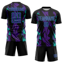 Laden Sie das Bild in den Galerie-Viewer, Custom Black Purple-Aqua Geometric Shard Grunge Splash Sublimation Soccer Uniform Jersey
