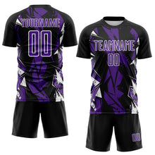 Laden Sie das Bild in den Galerie-Viewer, Custom Black Purple-White Geometric Shard Grunge Splash Sublimation Soccer Uniform Jersey
