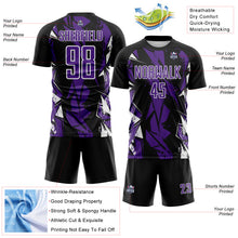 Laden Sie das Bild in den Galerie-Viewer, Custom Black Purple-White Geometric Shard Grunge Splash Sublimation Soccer Uniform Jersey
