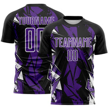 Laden Sie das Bild in den Galerie-Viewer, Custom Black Purple-White Geometric Shard Grunge Splash Sublimation Soccer Uniform Jersey
