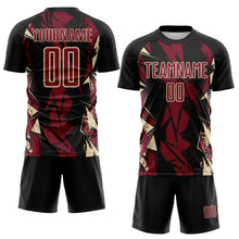 Laden Sie das Bild in den Galerie-Viewer, Custom Black Crimson-Cream Geometric Shard Grunge Splash Sublimation Soccer Uniform Jersey
