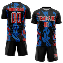 Load image into Gallery viewer, Custom Black Red Blue-White Geometric Shard Grunge Splash Sublimation Soccer Uniform Jersey
