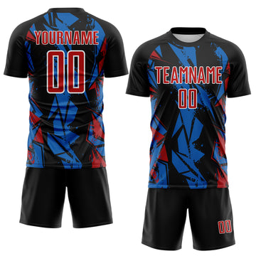 Custom Black Red Blue-White Geometric Shard Grunge Splash Sublimation Soccer Uniform Jersey