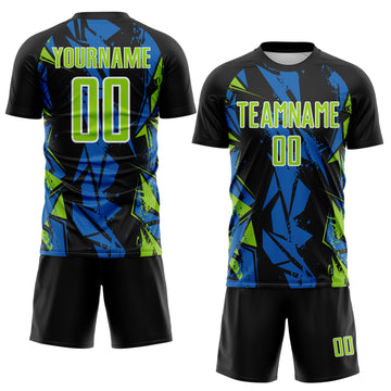Custom Black Neon Green Blue-White Geometric Shard Grunge Splash Sublimation Soccer Uniform Jersey