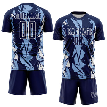 Custom Navy Light Blue-White Geometric Shard Grunge Splash Sublimation Soccer Uniform Jersey