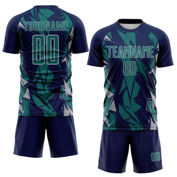 Custom Navy Teal-Gray Geometric Shard Grunge Splash Sublimation Soccer Uniform Jersey