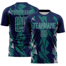 Load image into Gallery viewer, Custom Navy Teal-Gray Geometric Shard Grunge Splash Sublimation Soccer Uniform Jersey
