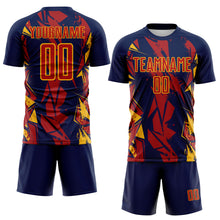 Load image into Gallery viewer, Custom Navy Red-Gold Geometric Shard Grunge Splash Sublimation Soccer Uniform Jersey
