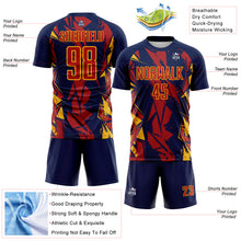 Load image into Gallery viewer, Custom Navy Red-Gold Geometric Shard Grunge Splash Sublimation Soccer Uniform Jersey
