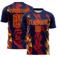 Load image into Gallery viewer, Custom Navy Red-Gold Geometric Shard Grunge Splash Sublimation Soccer Uniform Jersey
