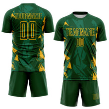 Laden Sie das Bild in den Galerie-Viewer, Custom Green-Gold Geometric Shard Grunge Splash Sublimation Soccer Uniform Jersey
