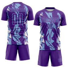 Charger l'image dans la galerie, Custom Purple Light Blue-White Geometric Shard Grunge Splash Sublimation Soccer Uniform Jersey
