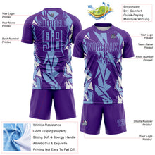 Charger l'image dans la galerie, Custom Purple Light Blue-White Geometric Shard Grunge Splash Sublimation Soccer Uniform Jersey
