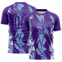 Charger l'image dans la galerie, Custom Purple Light Blue-White Geometric Shard Grunge Splash Sublimation Soccer Uniform Jersey

