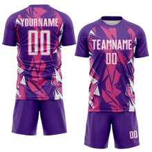 Laden Sie das Bild in den Galerie-Viewer, Custom Purple White-Pink Geometric Shard Grunge Splash Sublimation Soccer Uniform Jersey
