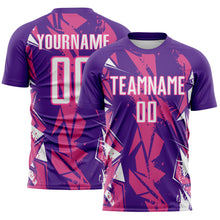 Laden Sie das Bild in den Galerie-Viewer, Custom Purple White-Pink Geometric Shard Grunge Splash Sublimation Soccer Uniform Jersey
