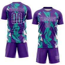 Charger l'image dans la galerie, Custom Purple Aqua-White Geometric Shard Grunge Splash Sublimation Soccer Uniform Jersey
