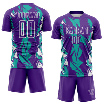 Custom Purple Aqua-White Geometric Shard Grunge Splash Sublimation Soccer Uniform Jersey