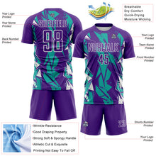 Charger l'image dans la galerie, Custom Purple Aqua-White Geometric Shard Grunge Splash Sublimation Soccer Uniform Jersey
