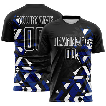 Custom Black Royal-White Geometric Grid Gradient Sublimation Soccer Uniform Jersey