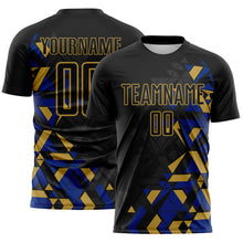 Load image into Gallery viewer, Custom Black Royal-Old Gold Geometric Grid Gradient Sublimation Soccer Uniform Jersey
