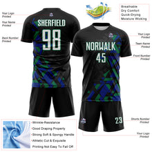 Laden Sie das Bild in den Galerie-Viewer, Custom Black White Royal-Kelly Green Geometric Grid Gradient Sublimation Soccer Uniform Jersey
