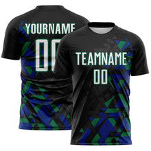 Laden Sie das Bild in den Galerie-Viewer, Custom Black White Royal-Kelly Green Geometric Grid Gradient Sublimation Soccer Uniform Jersey
