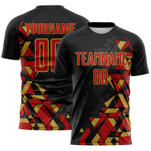 Load image into Gallery viewer, Custom Black Red-Old Gold Geometric Grid Gradient Sublimation Soccer Uniform Jersey
