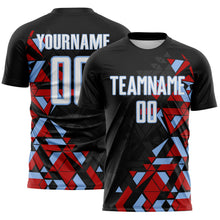 Load image into Gallery viewer, Custom Black White Red-Light Blue Geometric Grid Gradient Sublimation Soccer Uniform Jersey
