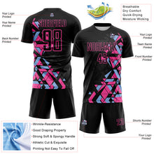 Load image into Gallery viewer, Custom Black Pink-Light Blue Geometric Grid Gradient Sublimation Soccer Uniform Jersey
