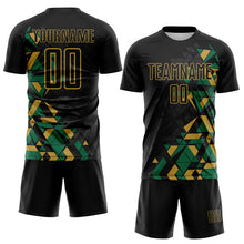Load image into Gallery viewer, Custom Black Kelly Green-Old Gold Geometric Grid Gradient Sublimation Soccer Uniform Jersey
