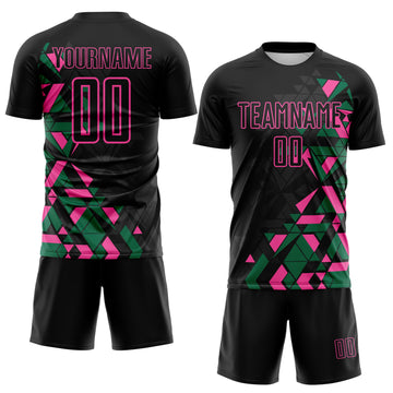 Custom Black Kelly Green-Pink Geometric Grid Gradient Sublimation Soccer Uniform Jersey