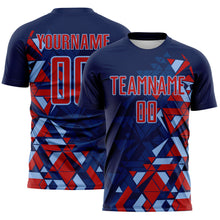 Load image into Gallery viewer, Custom Navy Red US Navy Blue-Light Blue Geometric Grid Gradient Sublimation Soccer Uniform Jersey
