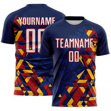 Load image into Gallery viewer, Custom Navy White US Navy Blue Red-Gold Geometric Grid Gradient Sublimation Soccer Uniform Jersey
