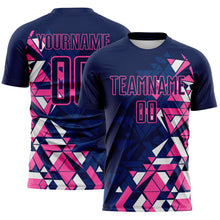 Load image into Gallery viewer, Custom Navy US Navy Blue Pink-White Geometric Grid Gradient Sublimation Soccer Uniform Jersey
