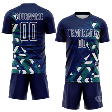 Custom Navy US Navy Blue Teal-White Geometric Grid Gradient Sublimation Soccer Uniform Jersey