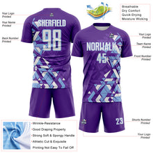 Загрузить изображение в средство просмотра галереи, Custom Purple White-Light Blue Geometric Grid Gradient Sublimation Soccer Uniform Jersey
