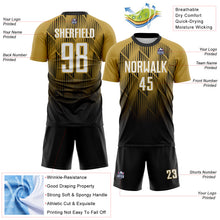 Laden Sie das Bild in den Galerie-Viewer, Custom Black White-Old Gold Spiked Sharp Lines Gradient Sublimation Soccer Uniform Jersey
