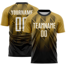Laden Sie das Bild in den Galerie-Viewer, Custom Black White-Old Gold Spiked Sharp Lines Gradient Sublimation Soccer Uniform Jersey
