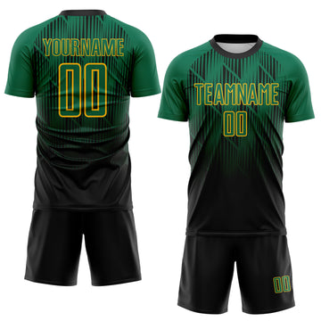Custom Black Kelly Green-Gold Spiked Sharp Lines Gradient Sublimation Soccer Uniform Jersey