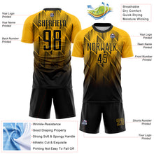 Load image into Gallery viewer, Custom Black-Gold Spiked Sharp Lines Gradient Sublimation Soccer Uniform Jersey
