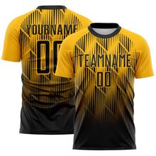 Load image into Gallery viewer, Custom Black-Gold Spiked Sharp Lines Gradient Sublimation Soccer Uniform Jersey
