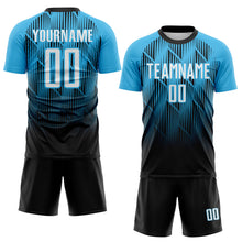 Load image into Gallery viewer, Custom Black White-Sky Blue Spiked Sharp Lines Gradient Sublimation Soccer Uniform Jersey
