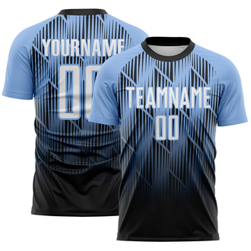 Custom Black White-Light Blue Spiked Sharp Lines Gradient Sublimation Soccer Uniform Jersey