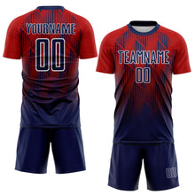 Laden Sie das Bild in den Galerie-Viewer, Custom Navy Red-White Spiked Sharp Lines Gradient Sublimation Soccer Uniform Jersey
