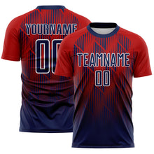 Laden Sie das Bild in den Galerie-Viewer, Custom Navy Red-White Spiked Sharp Lines Gradient Sublimation Soccer Uniform Jersey

