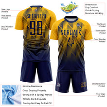 Load image into Gallery viewer, Custom Navy-Gold Spiked Sharp Lines Gradient Sublimation Soccer Uniform Jersey
