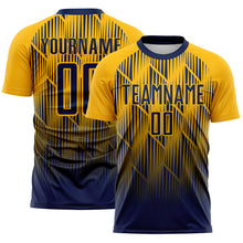 Load image into Gallery viewer, Custom Navy-Gold Spiked Sharp Lines Gradient Sublimation Soccer Uniform Jersey
