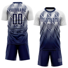 Load image into Gallery viewer, Custom Navy-White Spiked Sharp Lines Gradient Sublimation Soccer Uniform Jersey
